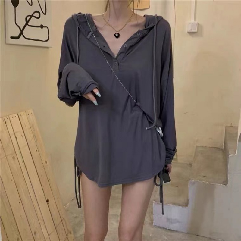 Áo Thun Tay Dài Có Mũ Trùm Đầu Dáng Ôm Dễ Phối Đồ Cho Nữ