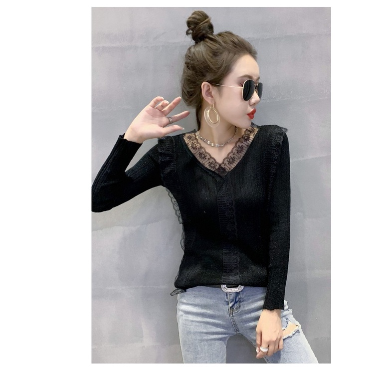 A27172 - Áo len phối ren nữ dài tay thu đông hàng nhập