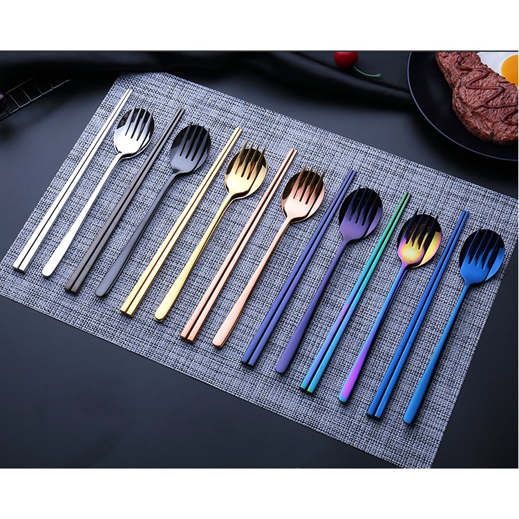 Set Đũa / Muỗng / Nĩa Chất Liệu Thép Không Gỉ Kèm Túi Phong Cách Hàn Quốc