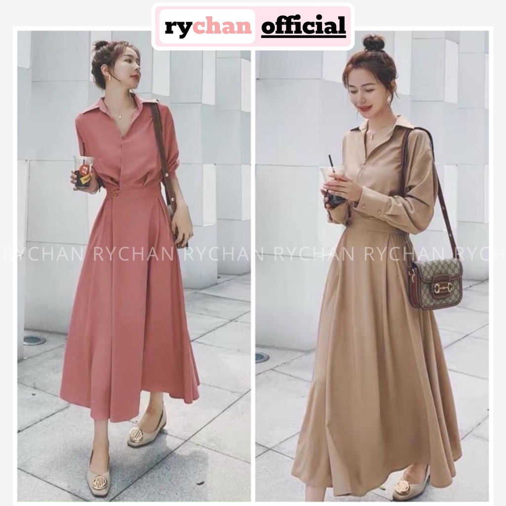 Đầm Nữ Dạo Phố Dáng Sơ Mi Tay Dài Nút Trước Cực Nữ Tính Màu Hồng Nude - DX9796