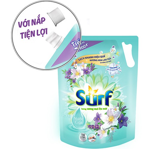 [Hoả Tốc] SURF Túi Nước Giặt 3.5kg 3.5 kg Xanh Hương Sương Mai có nắp vặn 3.3l 3.3 lít