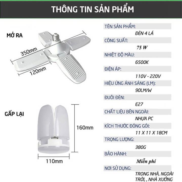 Bóng Đèn Led Cánh Quạt 4 Cánh 75W Chuôi Xoáy E27, Ánh Sáng Trắng Tiết Kiệm Điện