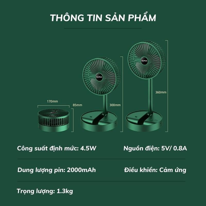 Quạt Tích Điện Mini gấp gọn - Quạt Mini Để Bàn Xoay 180 Độ, 3 Tốc Độ Gió, Pin Sạc USB Ở Bàn,Ô tô, Treo tường