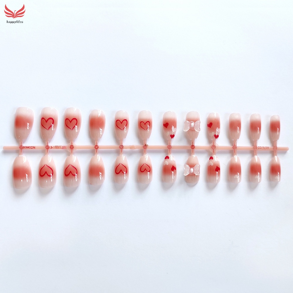 Bộ 24 Móng Tay Giả In Họa Tiết Nơ Đỏ Trắng Trái Tim Có Thể Tháo Rời Cho Nữ