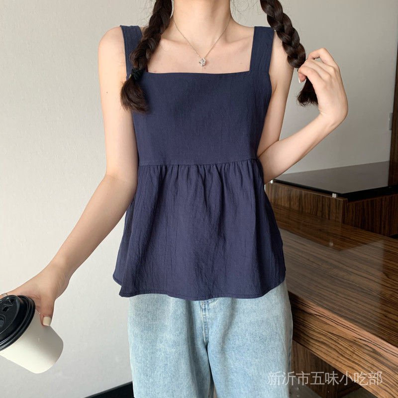 Áo Hai Dây Cổ Vuông Màu Trơn Phong Cách Hàn Quốc Thời Trang Mùa Hè Xinh Xắn Cho Nữ