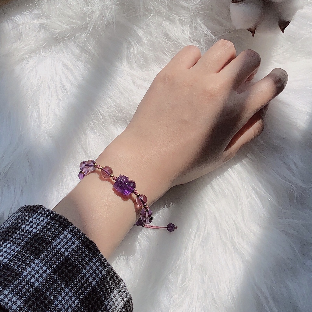 [Hàng Mới] Vòng Đeo Tay Dây Bện Hình Tỳ Hưu Màu Tím Đơn Giản Cho Nữ