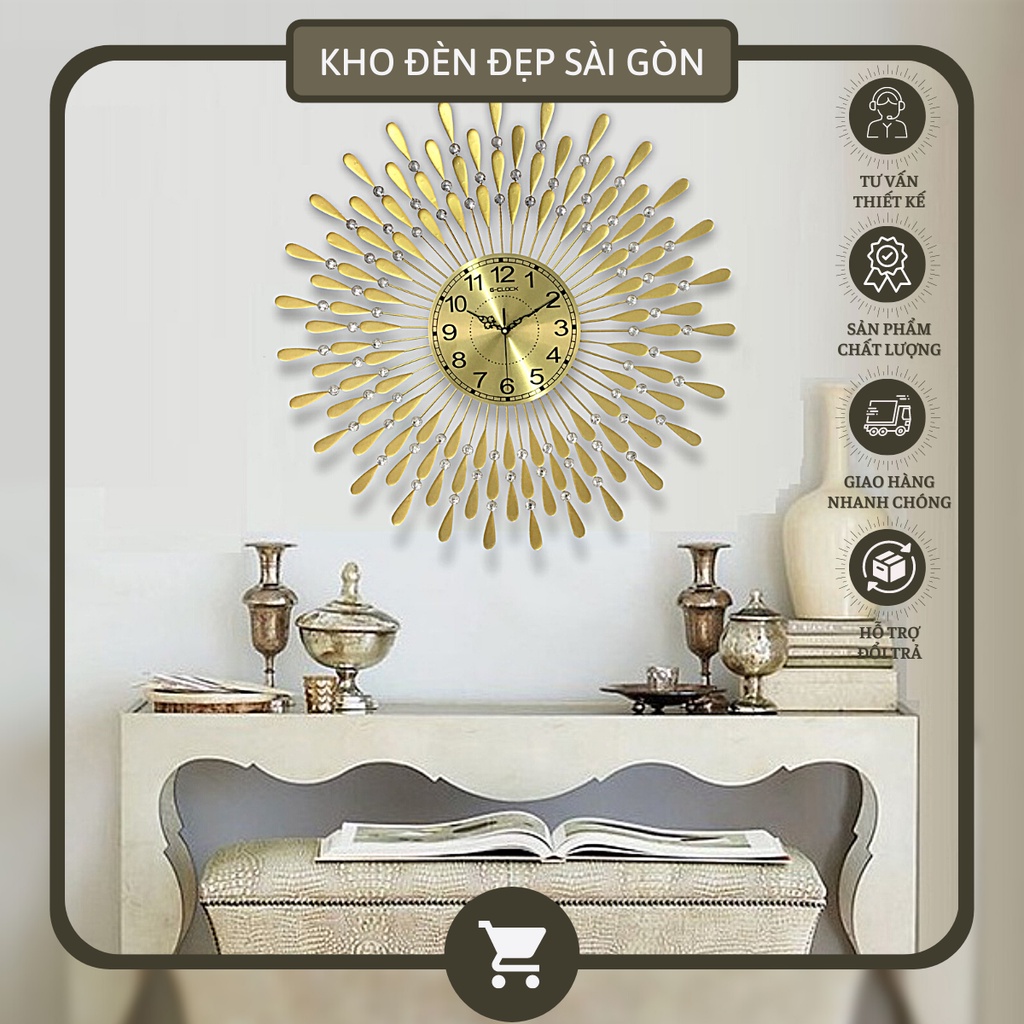 Đồng hồ trang trí, Đồng hồ treo tường Decor Hình Hoa hướng dương Hình tròn Mặt nhôm mạ vàng Mã DH1801G