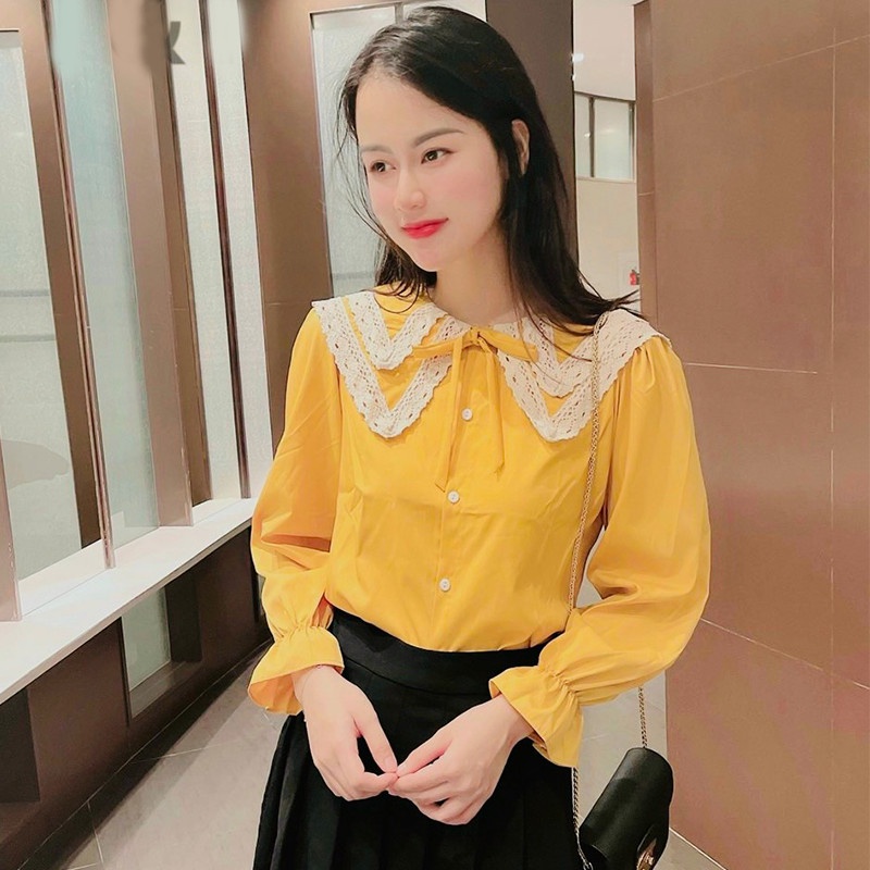 Áo Sơ Mi Nữ Kiểu Dài Tay Cổ Tròn Ren 2 Tầng - Màu Trắng Be Nâu Vàng Đen  - Hanlly Fashion Thời Trang - A32