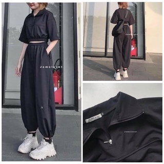 Sét bộ áo croptop cổ khoá mix quần boom gấu cá tính Chất cotton da cá siêu đẹp