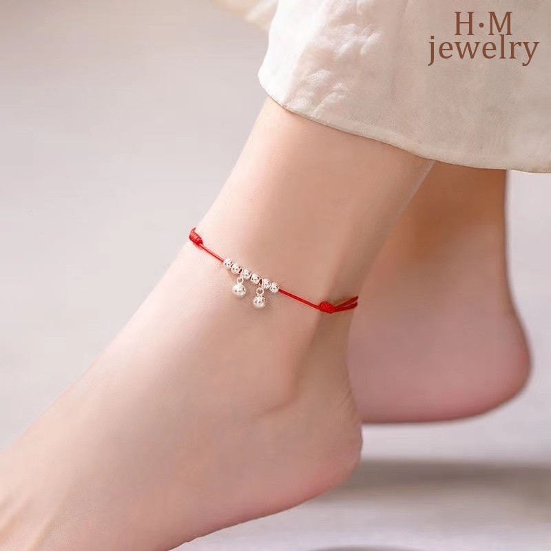Lắc Chân Dây Bện Màu Đỏ Đính Chuông Đơn Giản Cổ Điển