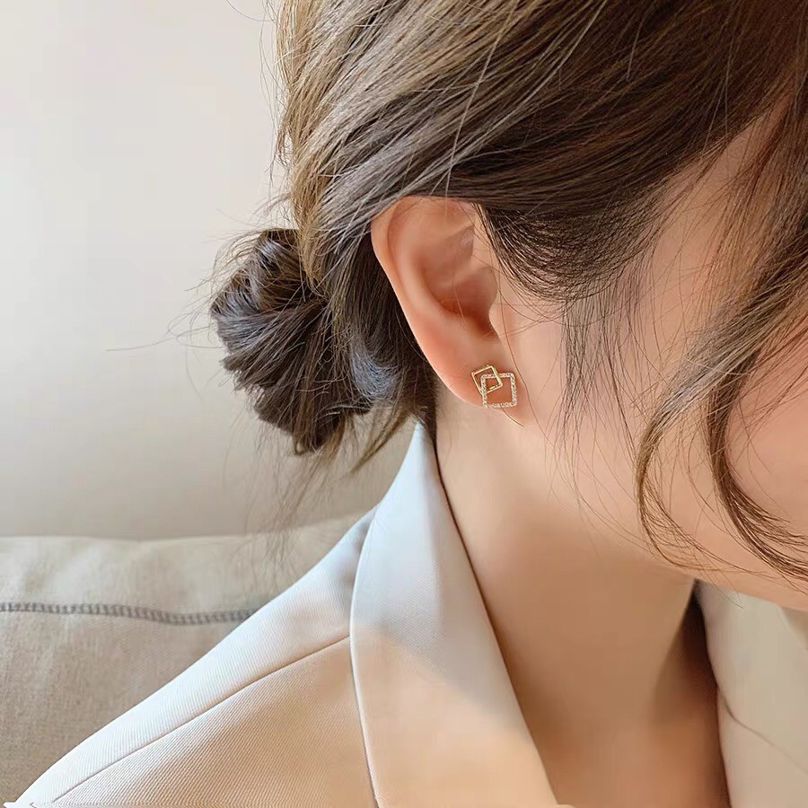 Khuyên tai bạc 925 hình vuông đính đá phong cách Hàn Quốc