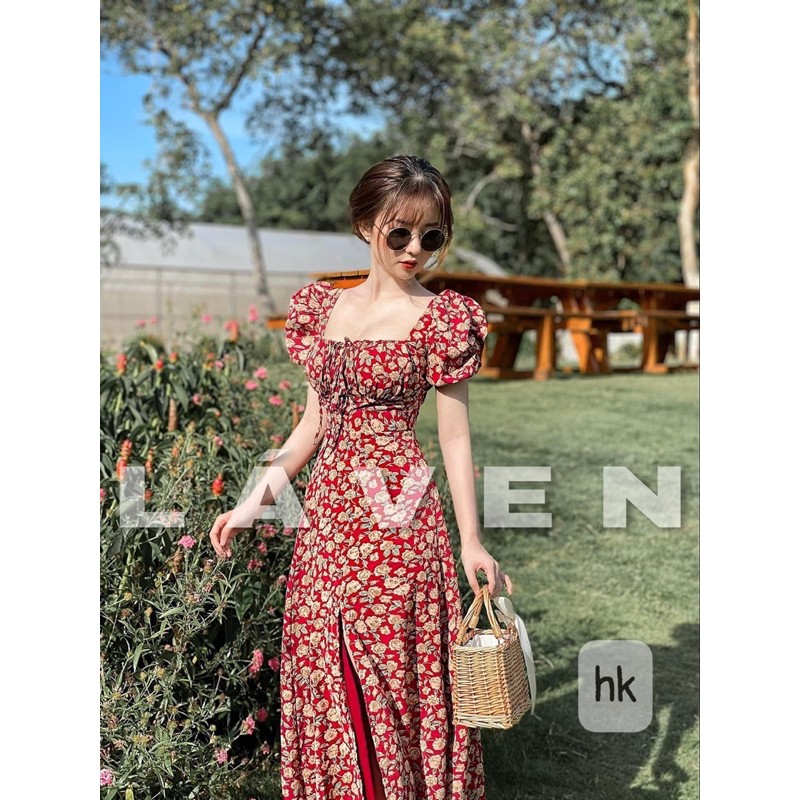 VÁY HOA NHÍ ĐỎ XẺ TÀ TAY BỒNG CỔ VUÔNG CHẤT MỊN MƯỚT ĐI BIỂN ĐI CHƠI SIÊU XINH | BigBuy360 - bigbuy360.vn