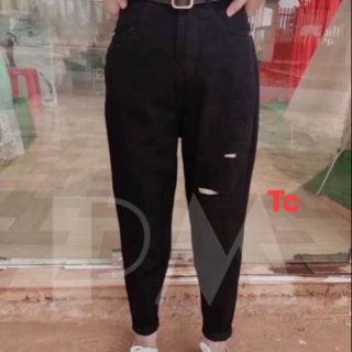 Quần baggy bò rách 1 gối lệch đen