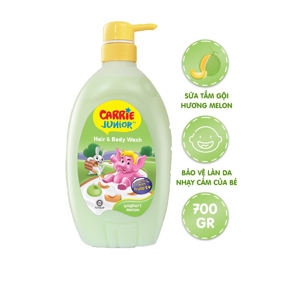 Sữa Tắm Gội Toàn Thân Cho Bé Carrie Junior Yoghurt Hương Melon 700g + Voi Bông