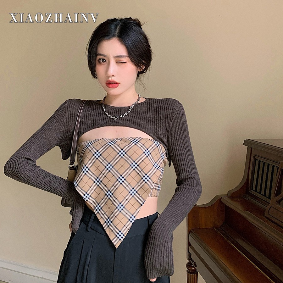 Xiaozhainv Áo sweater tay dài/Áo ống kẻ ca rô phong cách Hàn Quốc trẻ trung cho nữ (bán lẻ)