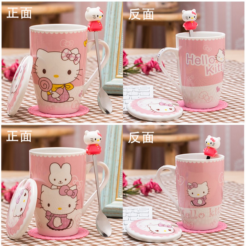 Ly Sứ Uống Nước In Hình Mèo Hello Kitty Đáng Yêu Có Nắp Đậy Và Muỗng Kiểu Hàn Quốc