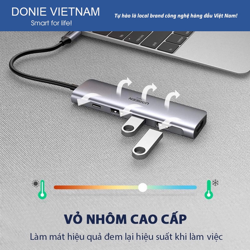 Cáp Chuyển Ugreen 70495 USB-C Sang HDMI 4K 60Hz, 3 USB 3.0, PD 100W Chính Hãng