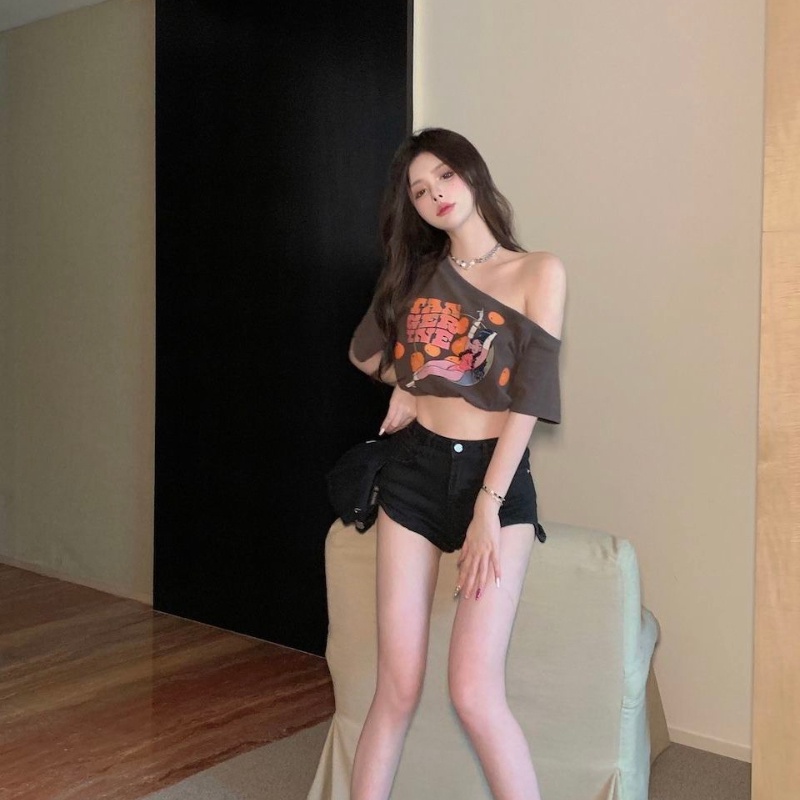 COZOK Áo Thun Tay Ngắn Hở Vai In Họa Tiết Phong Cách retro Thời Trang Cho Nữ