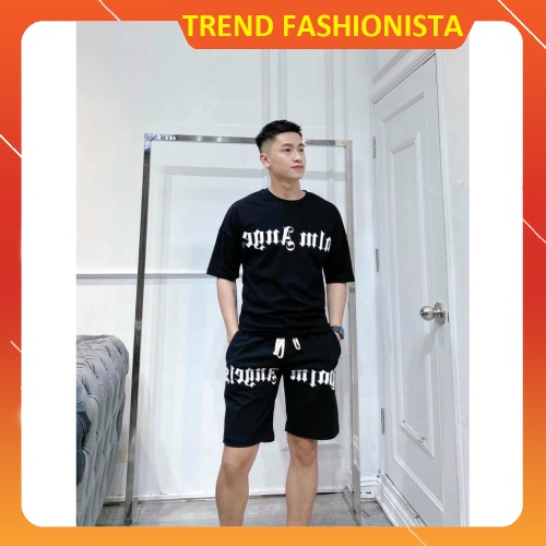 Bộ thể thao nam in chữ áo thun cổ tròn quần đùi ống rộng chất thun mềm mịn