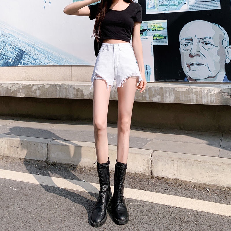 Jiashucheng Quần Short Denim Trắng Rách Dáng Rộng Lưng Cao Thời Trang Mùa Hè 2022 Phong Cách Mới Cho Nữ