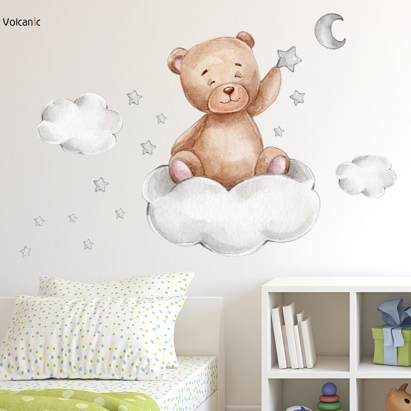 Giấy Dán Tường PVC Tự Dính Họa Tiết Gấu Trăng Sao Đám Mây Trang Trí Phòng Ngủ Cho Bé