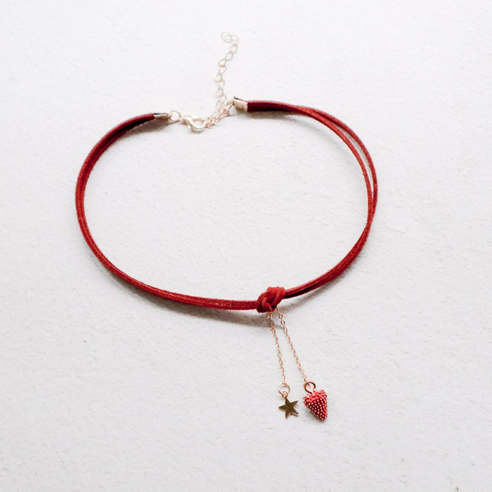 Vòng Cổ choker Hình Quả Dâu Màu Đỏ Rượu Thời Trang Xuân Hè