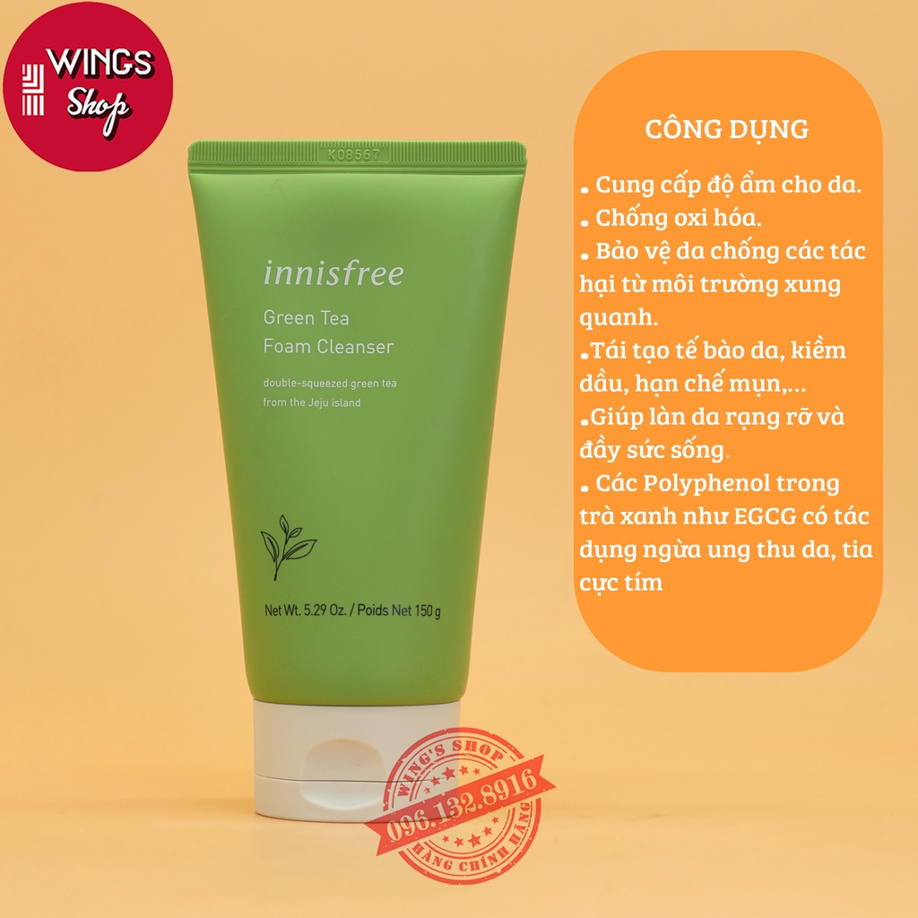 Sữa Rửa Mặt Trà Xanh Làm Sạch Innisfree Green Tea Foam Cleanser 150ml