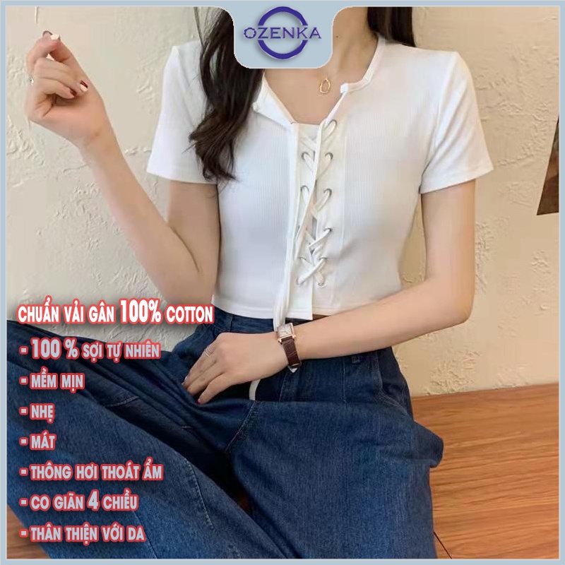 Áo croptop nữ kiểu buộc dây tay ngắn ozenka , áo thun cổ bẻ crt đẹp cài khuy buộc nơ 2022 màu đen trắng size 40 -55 cân