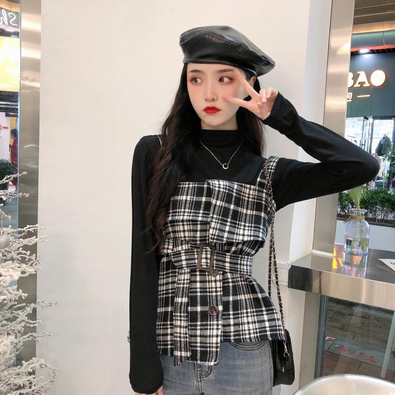 Set Áo Và Yếm Kẻ Caro To Kèm Đai Thắt Eo Cùng Áo Len Tăm