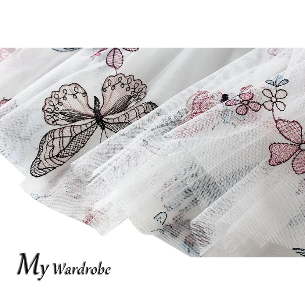 Chân Váy Lưới Thêu Hình Bướm Dáng Xòe Lưng Cao Dài Trung Bình Cho Nữ（1813 ）