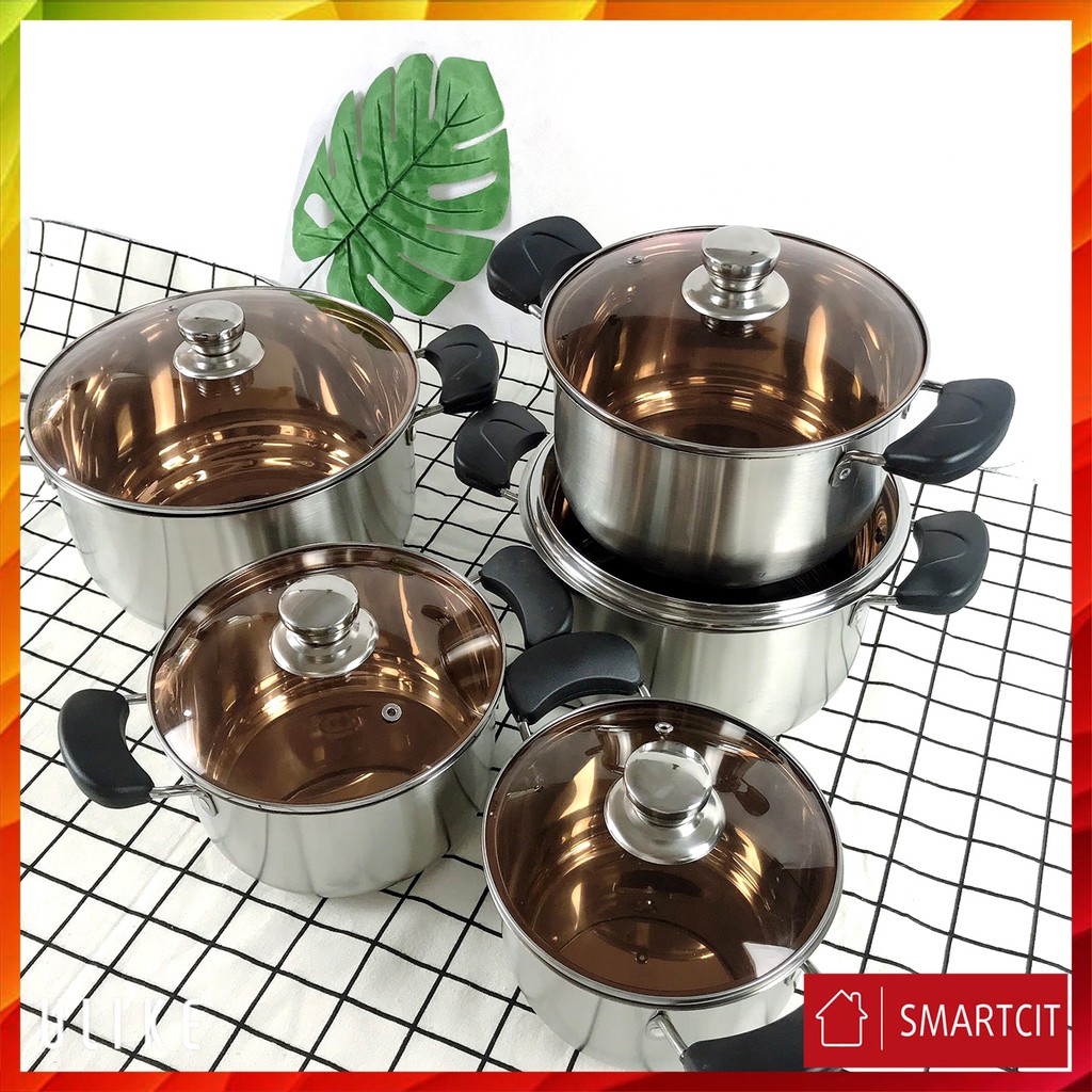 [FREESHIP] Bộ nồi inox Đức cao cấp 5 món hàng chính hãng vung kính Composite Steel Soup Pot