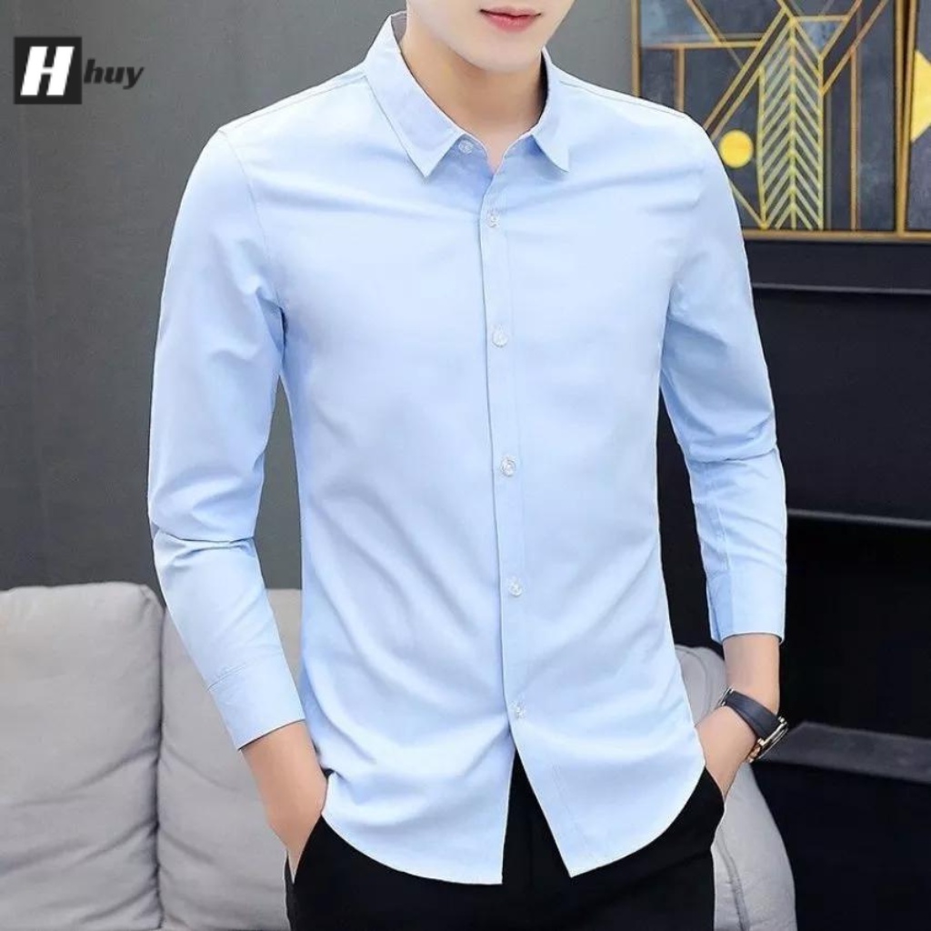 Áo sơ mi nam dài tay trơn công sở màu xanh nhạt, chất vải mềm mịn, form dáng chuẩn mẫu mới hot trend 2022