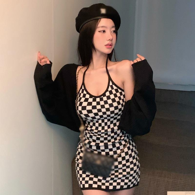 Đầm ngắn ôm dáng không tay in họa tiết caro phong cách Hàn Quốc quyến rũ cho nữ