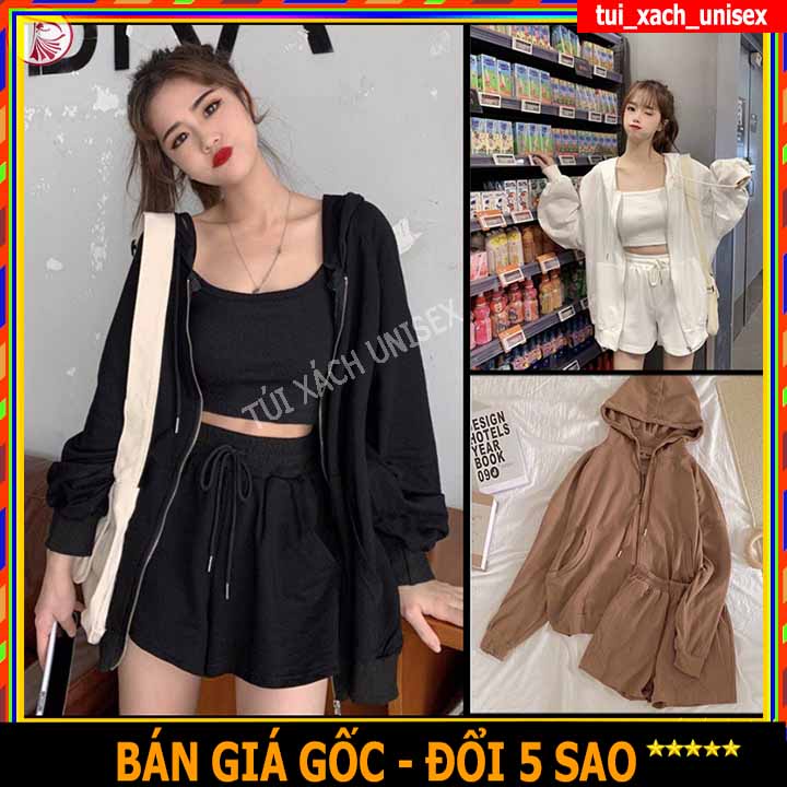 ❤️ SIÊU PHẨM ❤️ Set Bộ Áo Hoodie Nhung Tăm Có Khóa Kéo Nón Liền Cho Nữ Dáng Rộng Kèm Quần Short Nhiều Màu Cho Khách SL