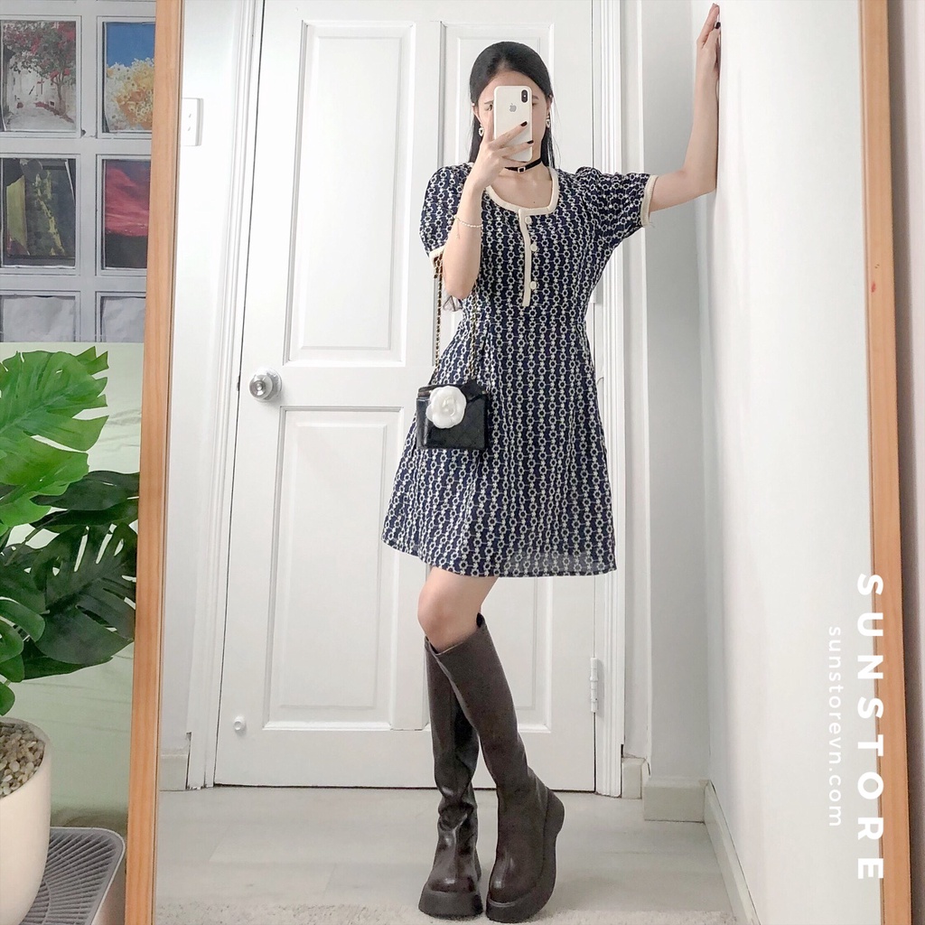Đầm dự tiệc dáng ngắn mini váy xoè tay ngắn cổ vuông