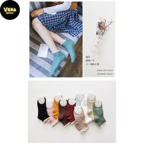 Set tất nữ cổ ngắn, vớ nữ cổ thấp phối ren bèo nhún Vintage chất lệu cotton Hàn Quốc_QS83