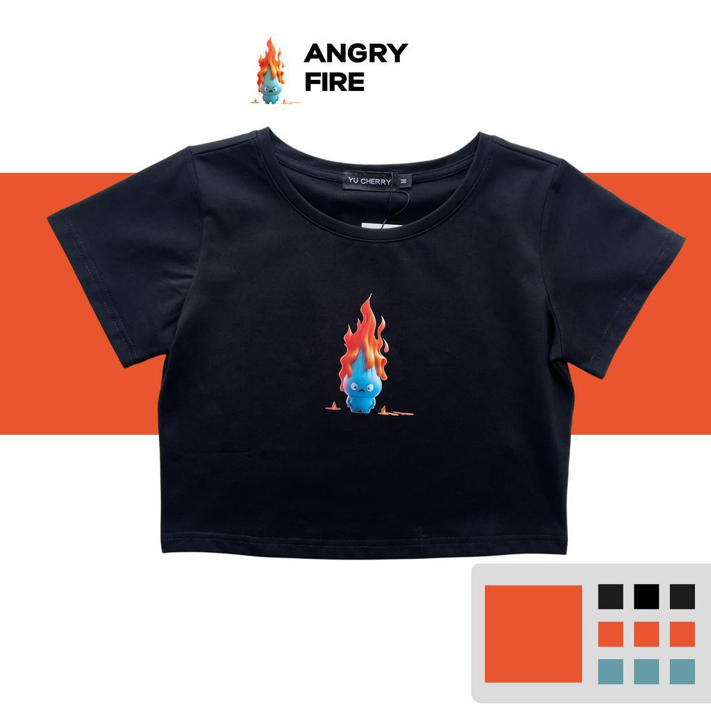 YU CHERRY | Áo thun nữ croptop cotton 4 chiều tay ngắn Fire Elemental Print Tee YP004