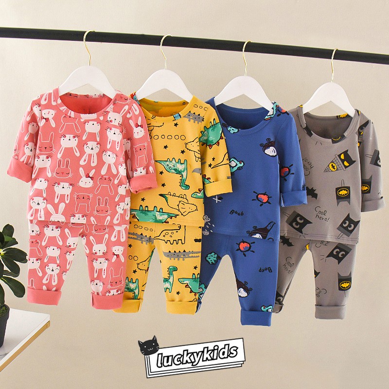 Bộ Đồ Ngủ Cotton Tay Dài In Họa Tiết Hoạt Hình + Quần Dài Cho Bé Trai / Gái