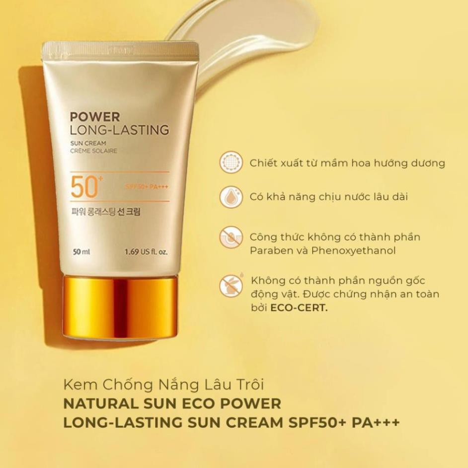 Kem Chống Nắng The Face Shop Vàng 50ml 80ml Lâu Trôi Korea NATURAL SUN ECO POWER LONG-LASTING SUN CREAM SPF50+ PA+++