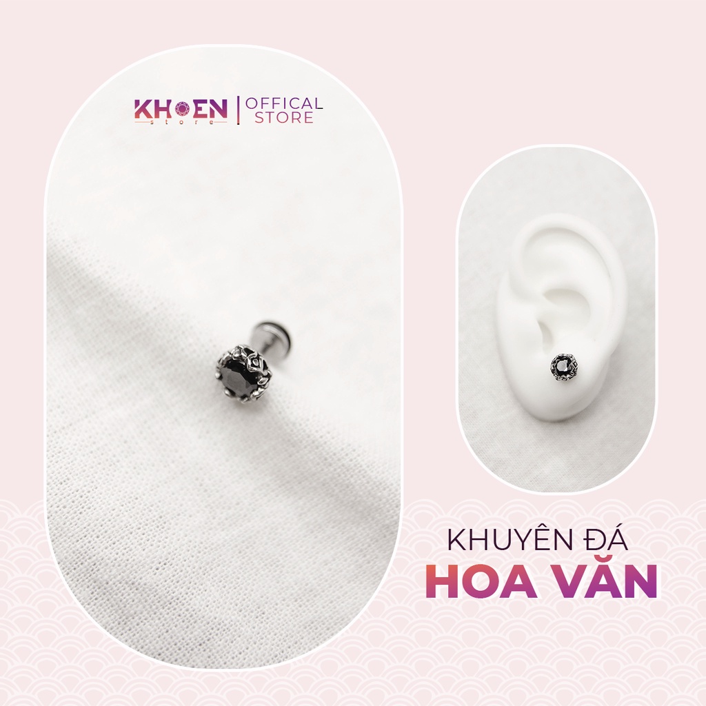 (1 Chiếc) Khuyên tai Đá tròn viền hoa văn - Khoen Store