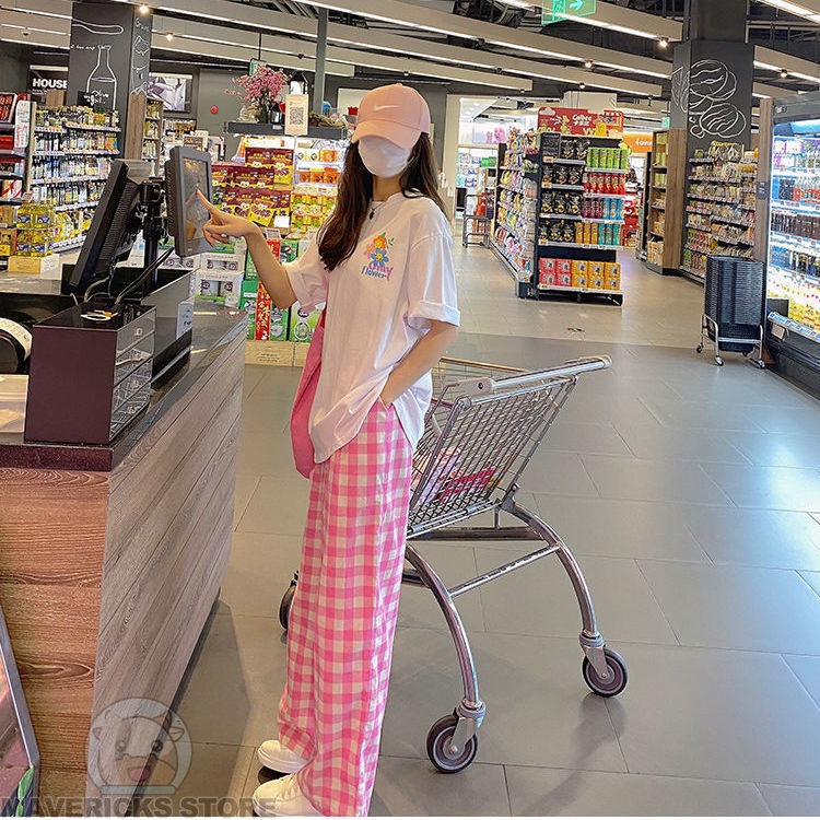 Quần ống rộng Họa Tiết Kẻ Sọc Ca Rô Hồng Thời Trang Mùa Hè Hàn Quốc Mới Cho Nữ 2022