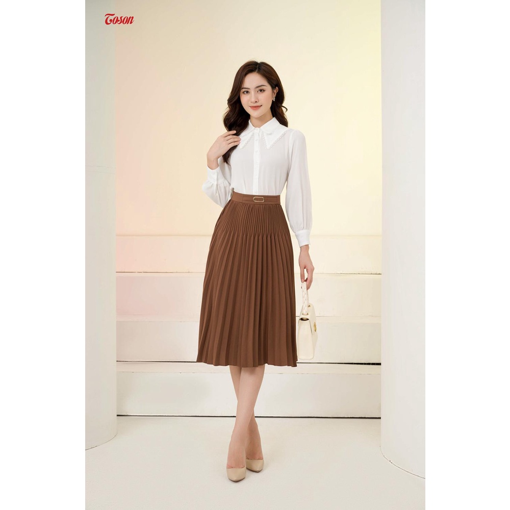 Áo sơ mi chiffon trắng dài tay, cổ và tà bong can ren Toson 12984W62