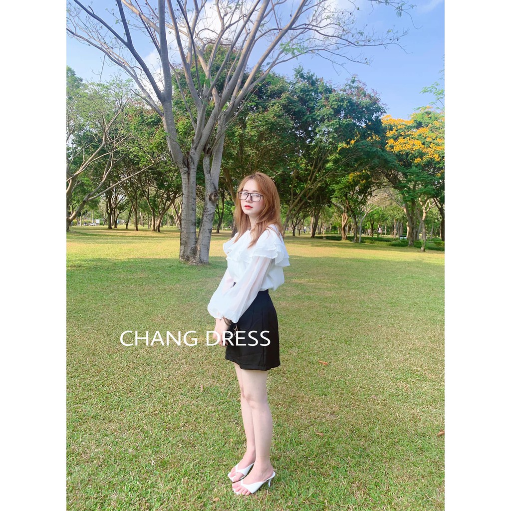 Áo voan tay bèo trắng +chân váy quần hình thật