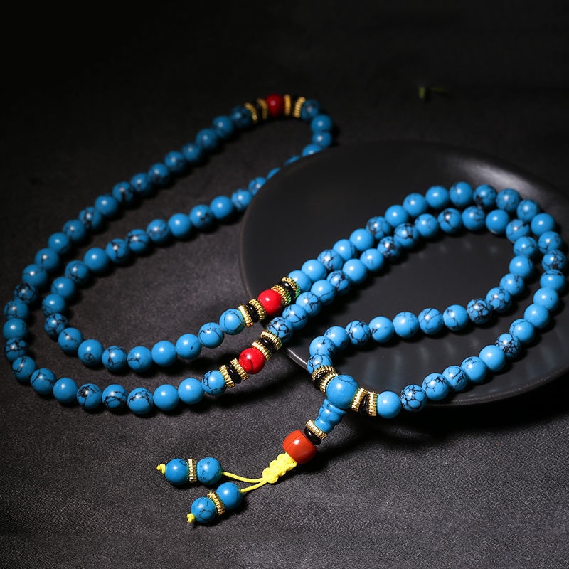 Vòng Tay Chuỗi 108 Hạt Đá Ngọc Lam Tự Nhiên Phong Cách Dân Tộc Tây Tạng Cho Nam Và Nữ