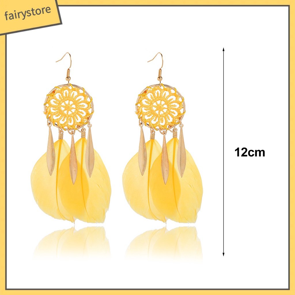 1 Đôi Bông Tai Hình Dreamcatcher Đính Lông Vũ Tua Rua Phong Cách Bohemian Dành Cho Nữ