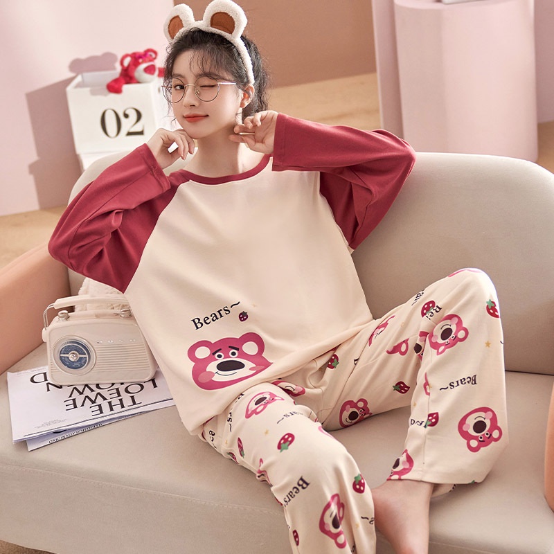 Bộ Đồ Ngủ Tay Dài Dáng Rộng In Hoạt Hình Gấu Dâu Tây Dễ Thương Thời Trang Mùa Thu Cho Nữ