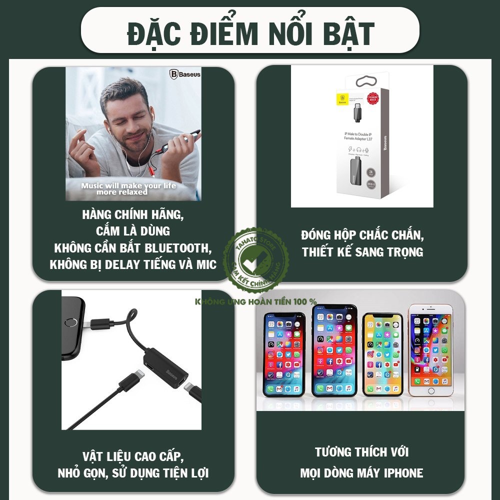 [CHÍNH HÃNG Có Mic] Jack Chuyển đổi Iphone  Vừa Sạc Vừa Nghe Hàng chính hãng Baseus L37 - BH 12 Tháng Chính Hãng