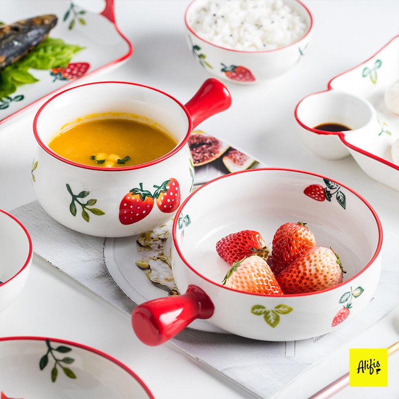 [Ảnh thật] Bát đĩa, bát đĩa sứ đẹp phong cách Hàn Quốc họa tiết dâu tây đỏ - Phụ kiện bàn ăn