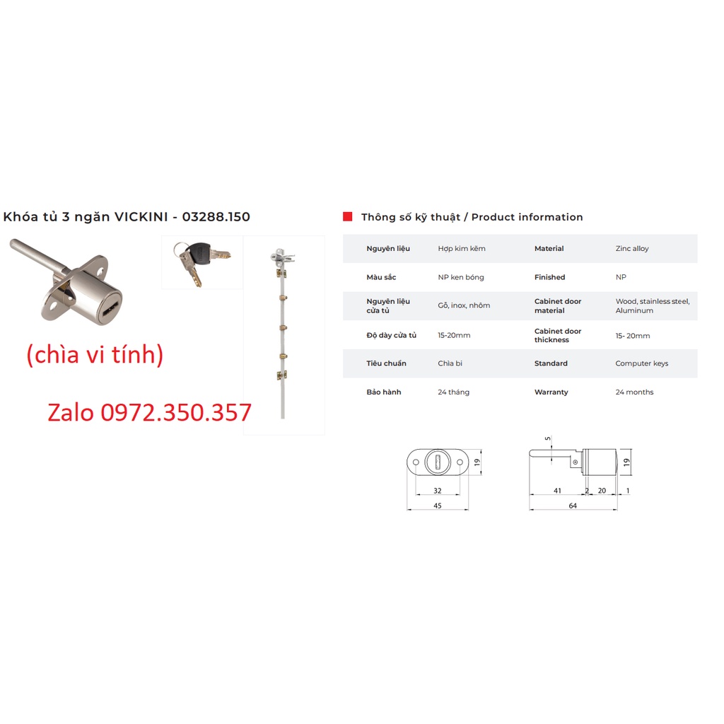 Khóa tủ 3 ngăn IVAN 03288