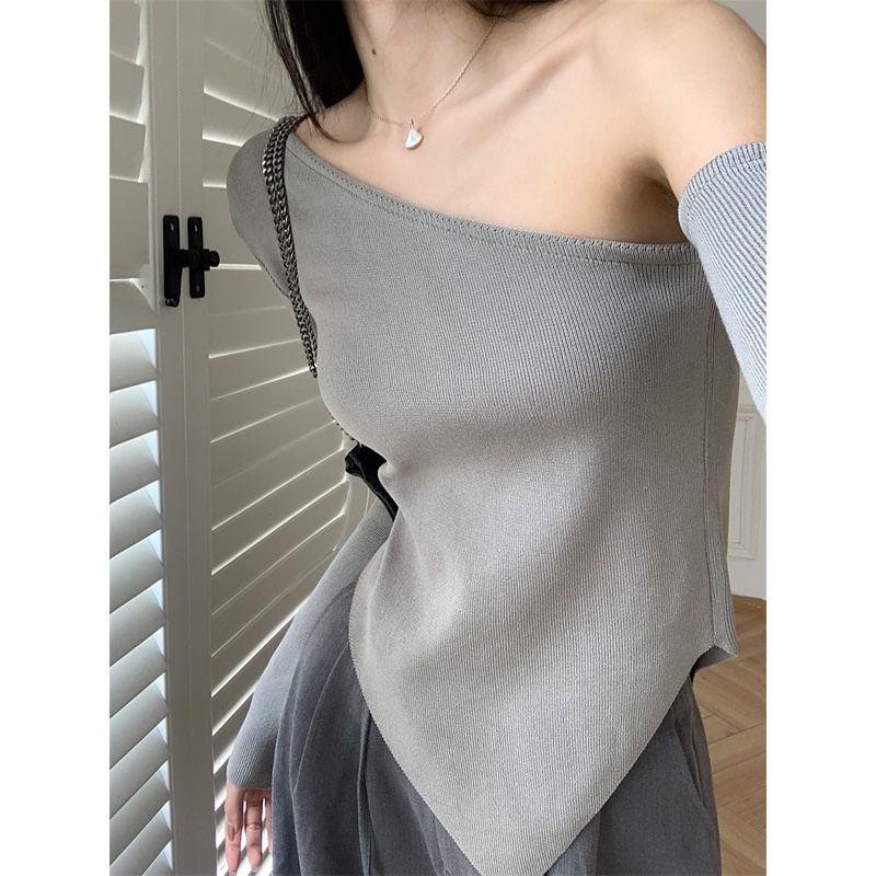 Kumikumi HUANG YOYO Áo Thun Tay Dài Lệch Vai Dáng Ôm Thời Trang Hàn Quốc Dành Cho Nữ croptop